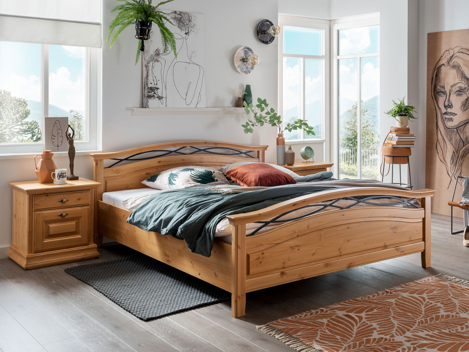 Bett SET 180 x 200 cm u. 2 Nachtschränke Catania Holz Pinie Nordica massiv  natur | Casamia Wohnen
