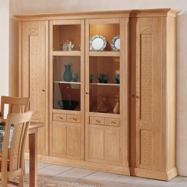 Vitrine Wohnwand Vienna 4-türig B 220 x H 210 cm, Pinie massiv