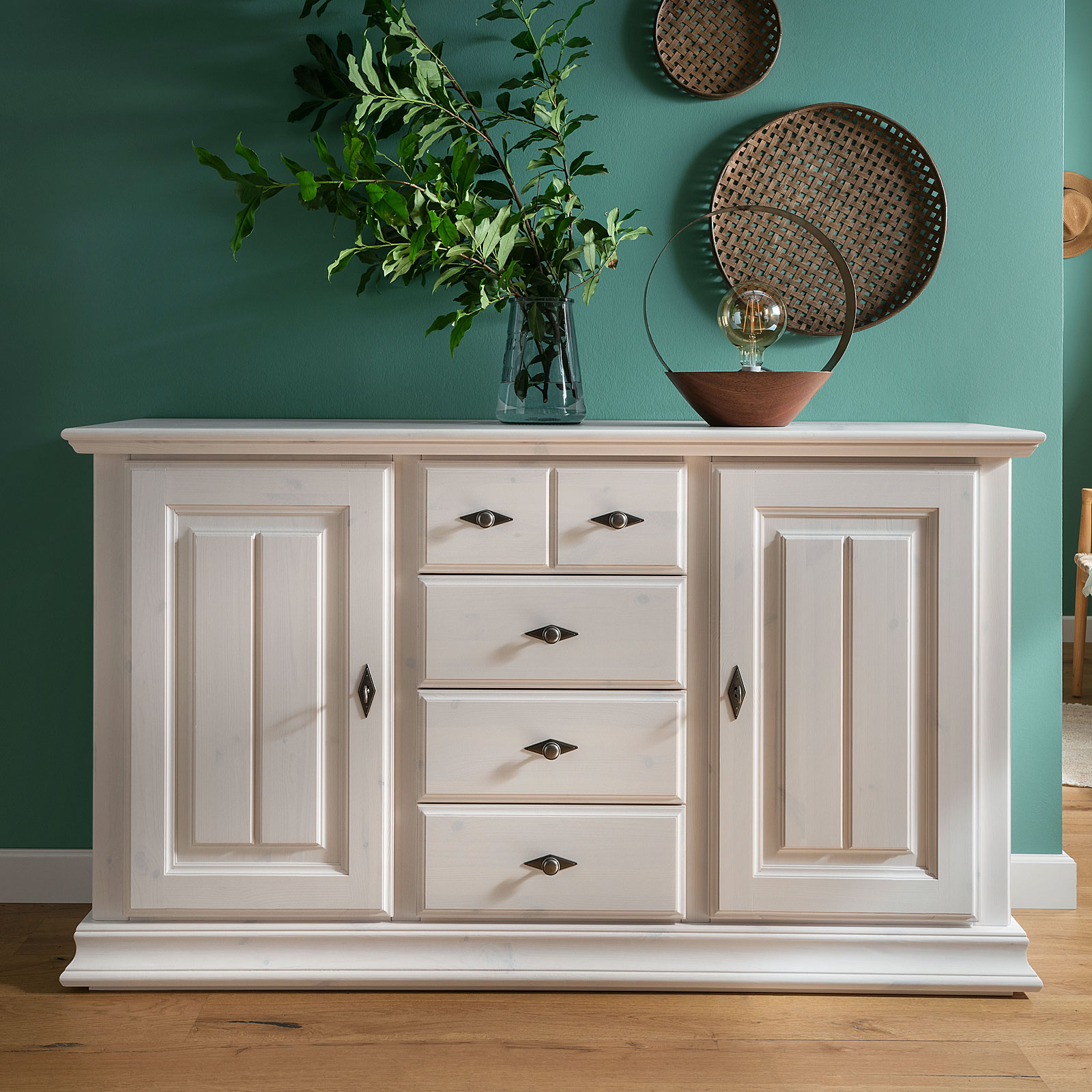 sideboard kommode 163 x 93 cm anrichte catania holz pinie nordica massiv  weiß gewachst