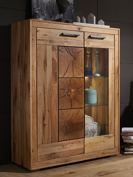 Highboard Massivholz Hochanrichte B 103 H 135 T 40 cm Waldeiche Vitrine halbhoch Wildeiche massiv