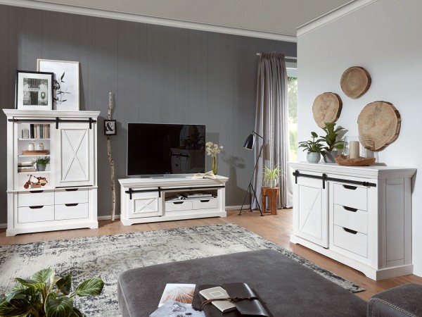 Wohnzimmer Schränke 3tlg Wohnwand 370x178cm Bergamo Pinie Nordica weiß