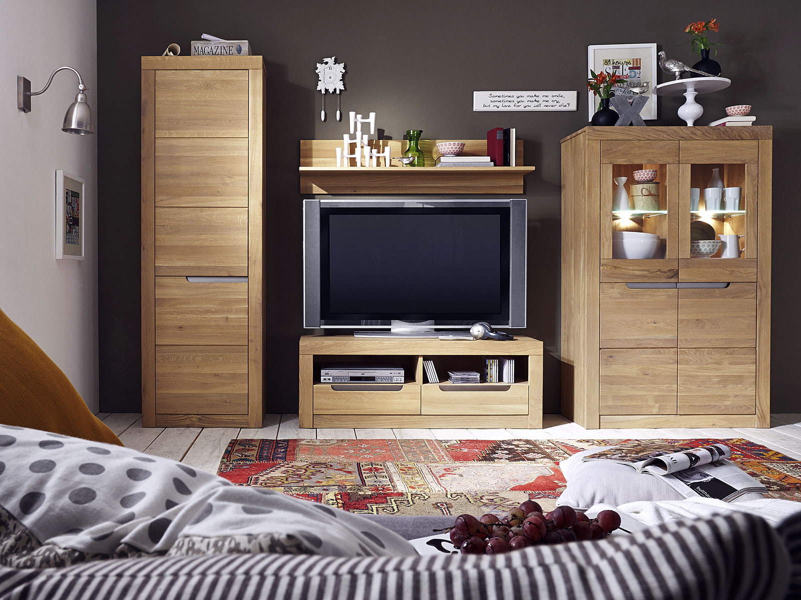 wohnwand massivholz 4-teilig bergen hochschrank lowboard vitrine halbhoch  regal wildeiche massiv