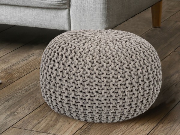 Pouf Sitzhocker Ø 45 cm H 30 cm greige Bodenkissen Strickhocker Sitzpouf nachhaltig Grobstrick