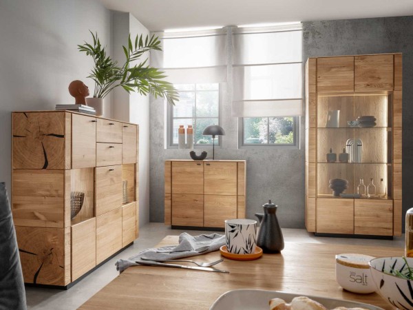 Esszimmer Set 3-tlg. Massivholz Aversa Sideboard Highboard Vitrine