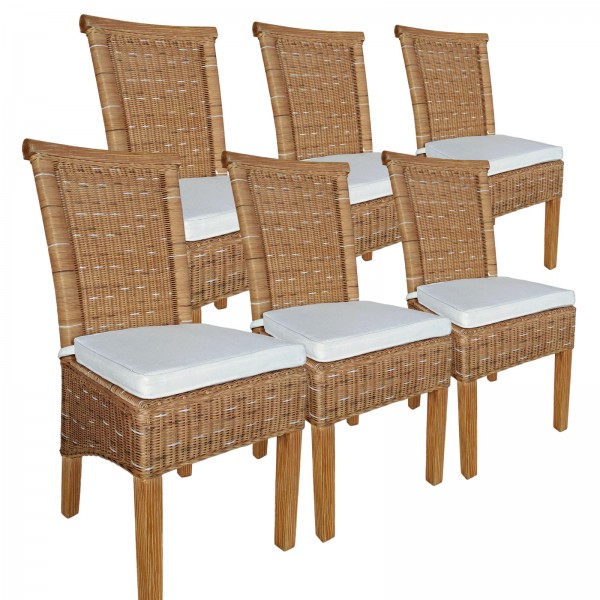 Esszimmer Stühle Set Rattanstühle Perth 6 Stück braun Sitzkissen Leinen weiß Korbstühle