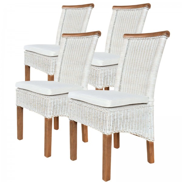 Esszimmer-Stühle Set Rattanstühle Perth 4 Stück weiß Sitzkissen Leinen weiß