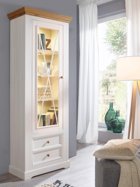 Stand-Vitrine Glas-Vitrine Milan 1-türig und 2 Schubladen Pinie Nordica weiß gewachst